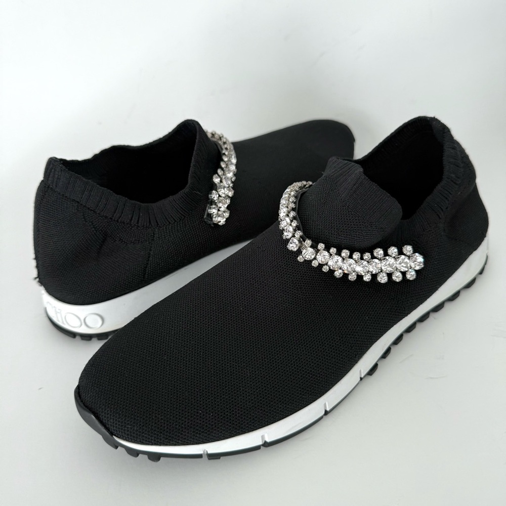 Jimmy Choo Black Knit Slip-On Sneakers with Crystal Chain